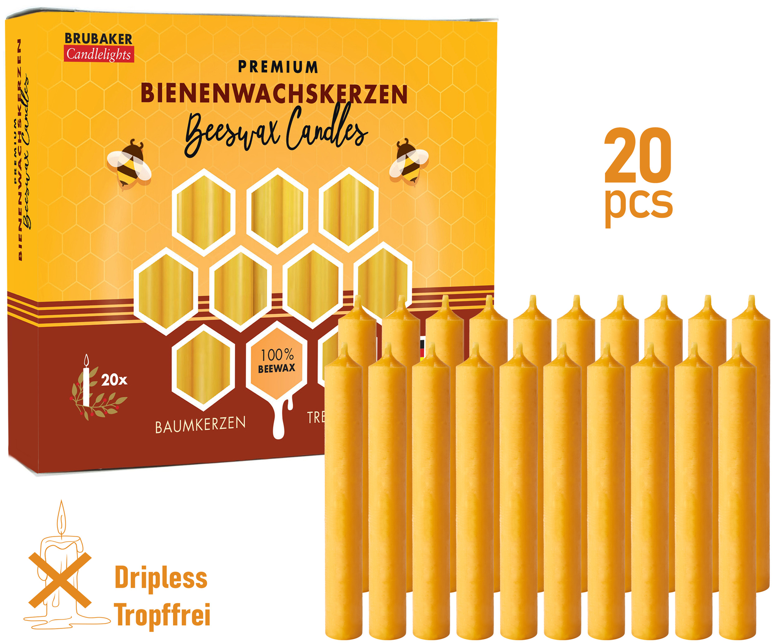 BRUBAKER 100% Beeswax Tree Candles - Pack of 20 - Honey Colored - 3.74"
