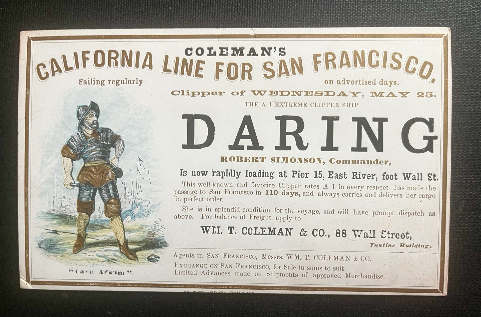 Clipper Ship Card Daring c. 1860 Coleman's California Line San For Francisco
