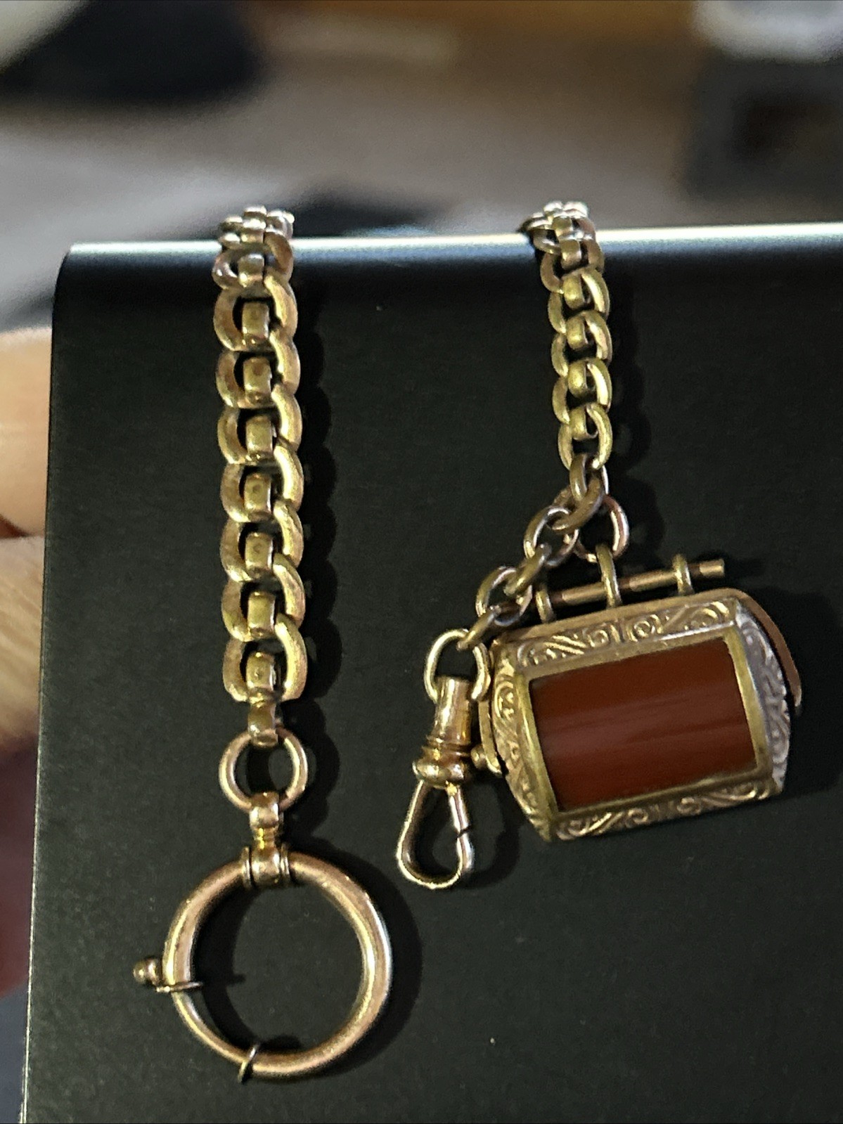 Vintage CHARNIER 1/10 Watch Chain Rose GF Abalone Carnelian Spinner GF Fob 11”