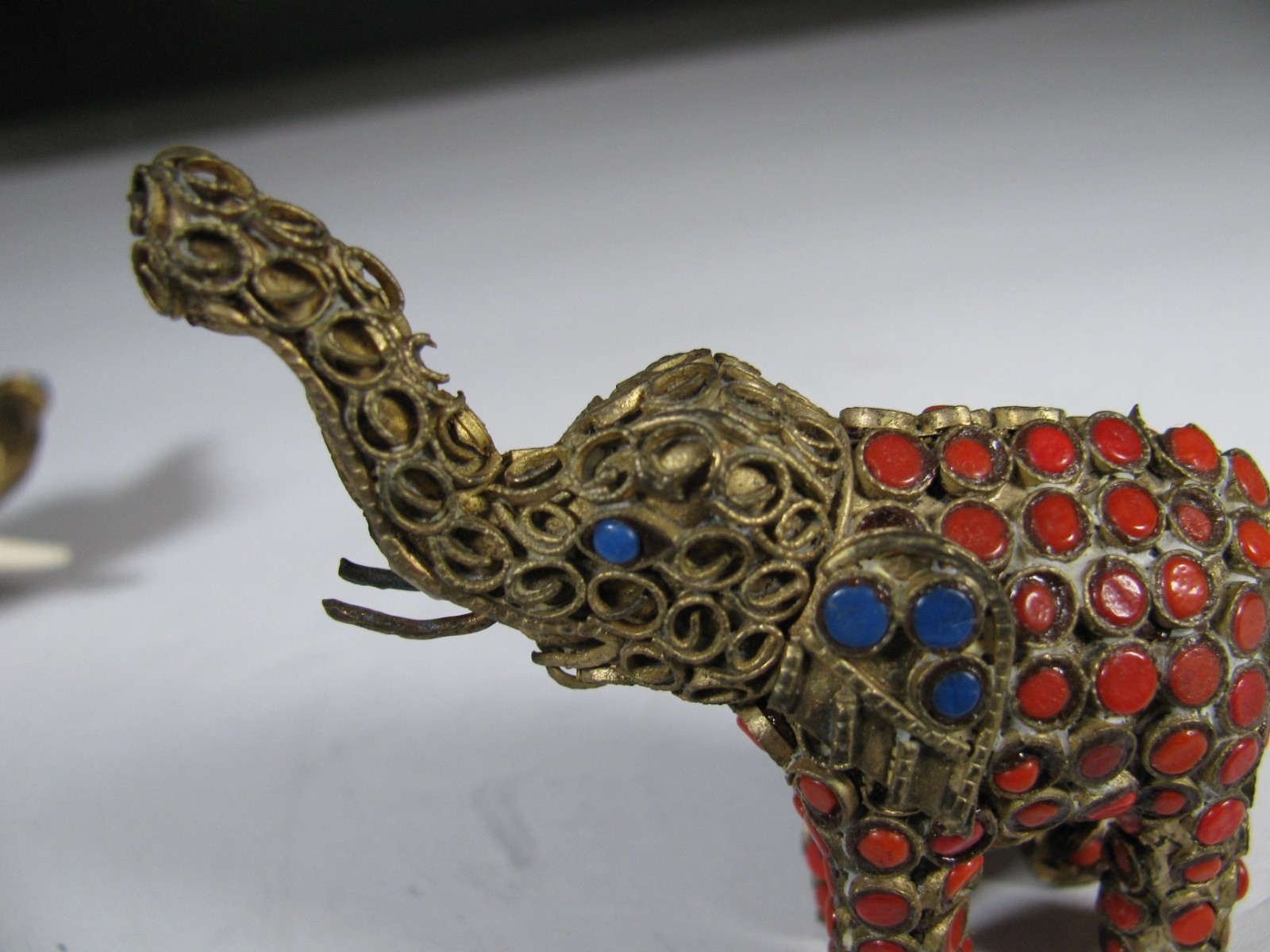 Lot 2 Vintag Tibet or Nepal Elephant Brass Lapis Coral Inlaid Filigree Figurine