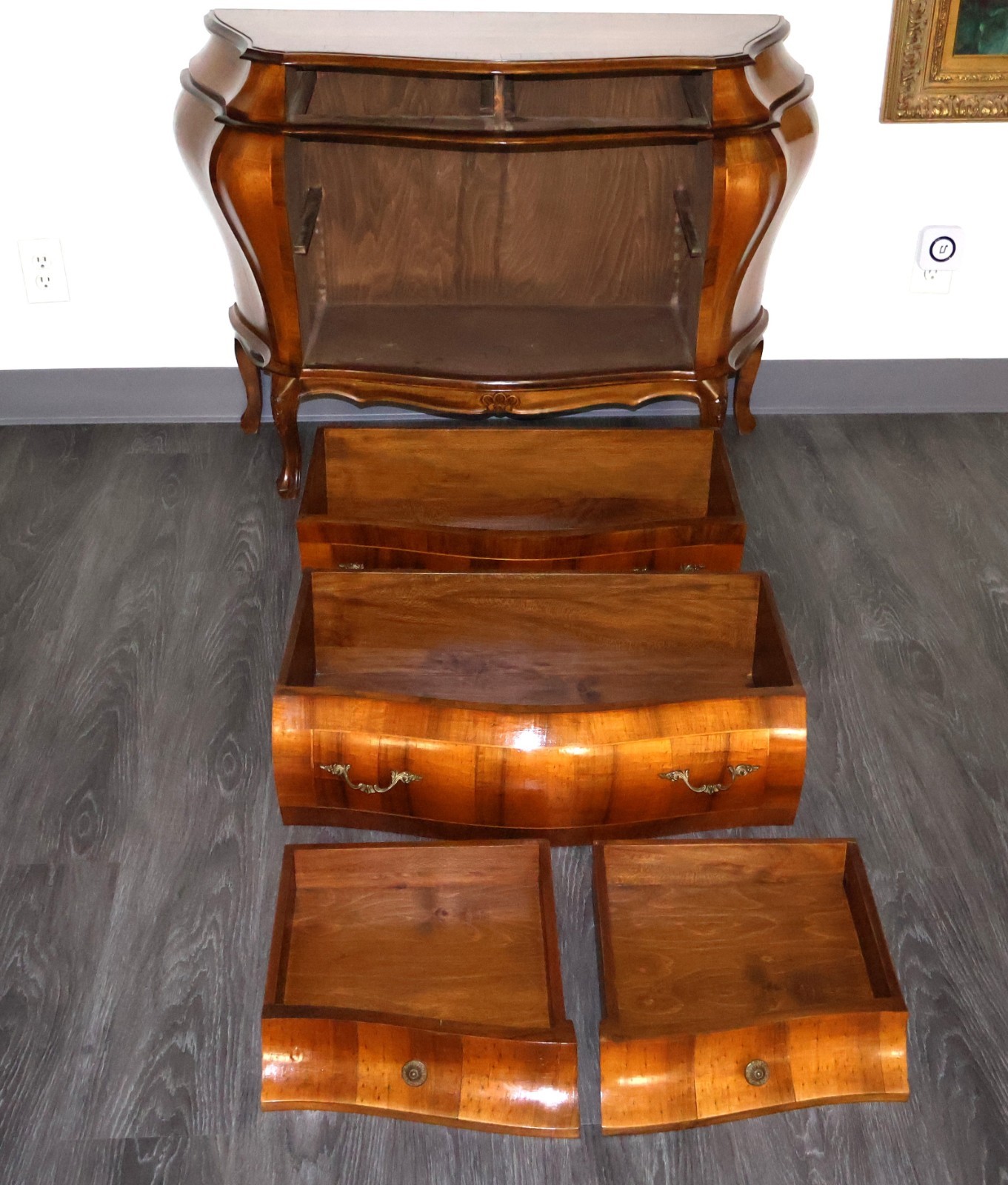 Italian Louis XV Bombe Serpentine Commode Chest Walnut Olivewood Veneer, Italy