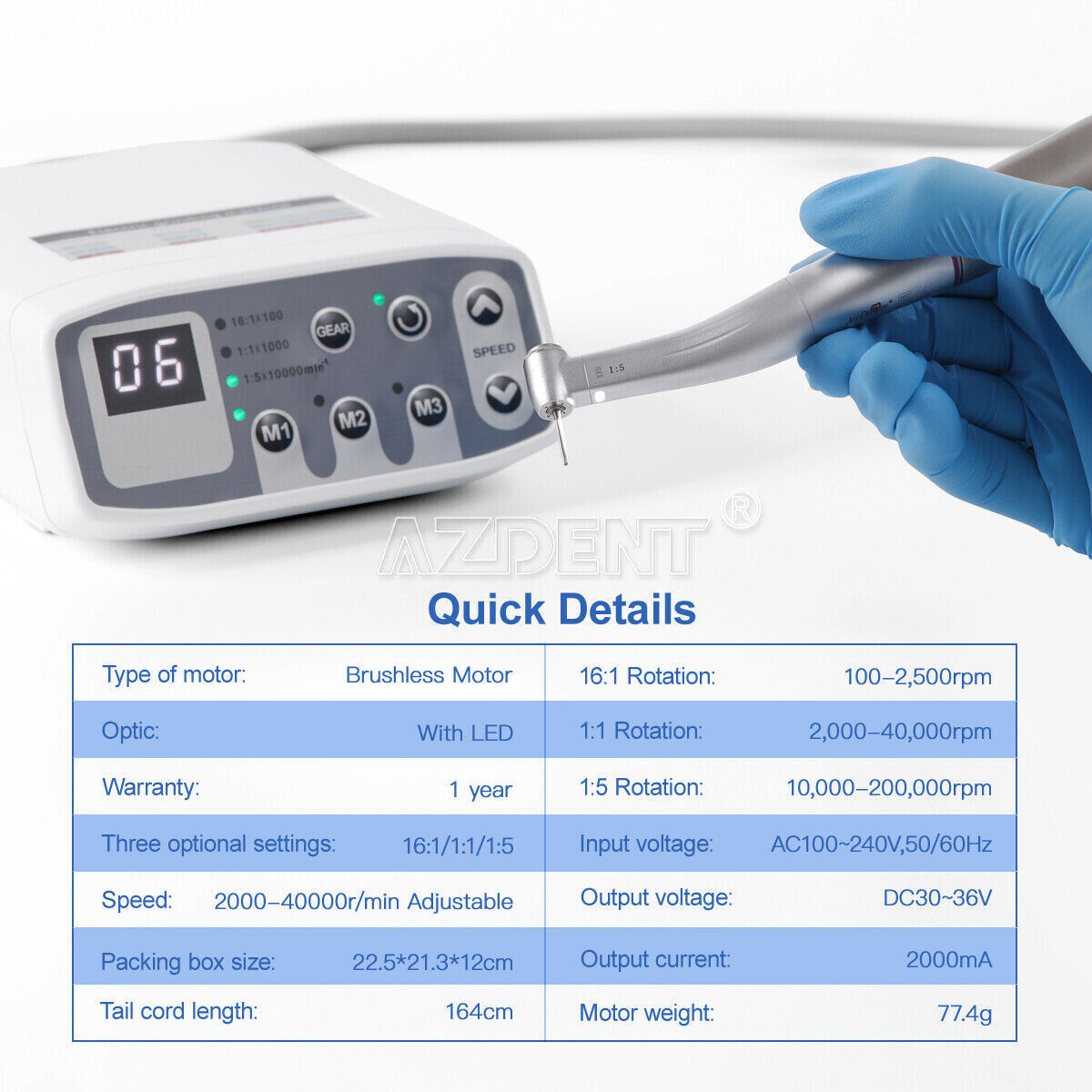 AZDENT Dental Electric LED Brushless Micro Motor/1:1/1:5 Increasing Handpiece
