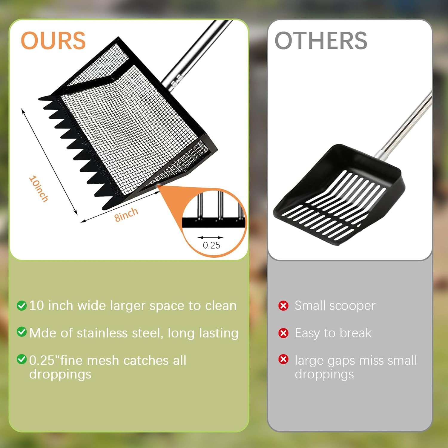 12" Metal Chicken Poop Scooper Rake for Sand with 24 to 68" Handle, Adjustable C