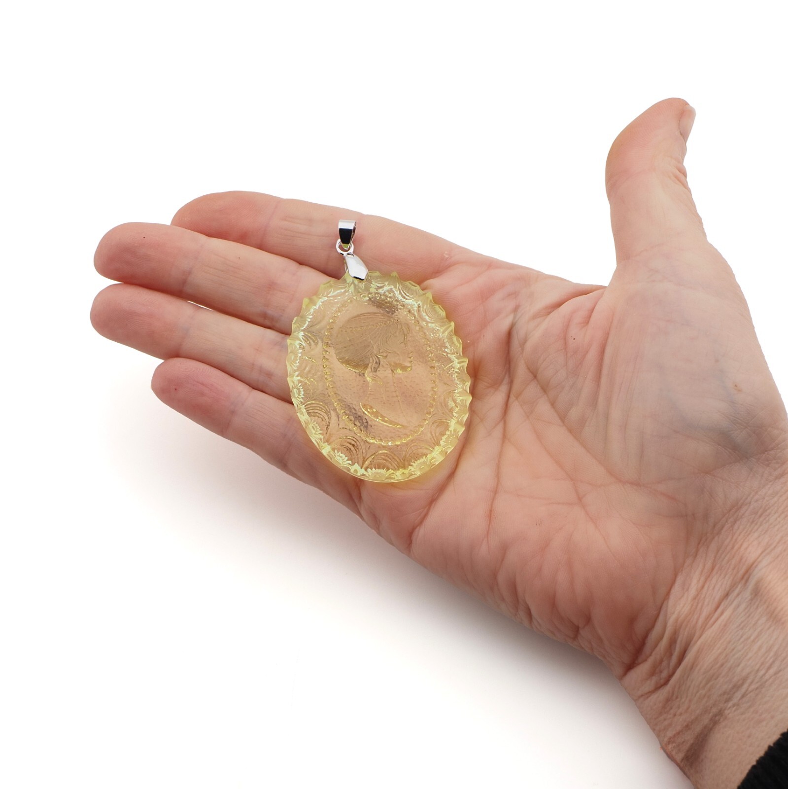 Large Czech Uranium Jewelry glass cameo cabochon necklace pendant silvered hook