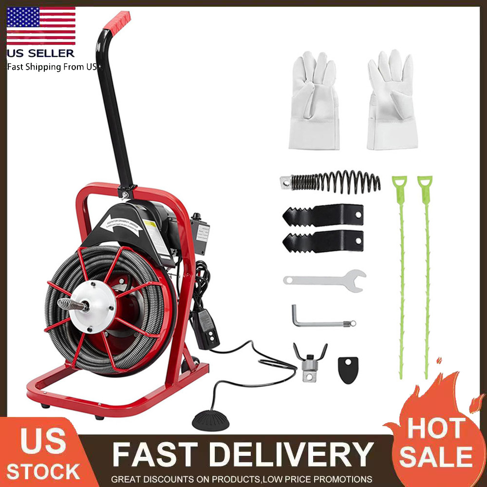 75Ft x1/2In Drain Cleaner Electric Sewer Snake Cleaning Machine Auger Auto Feed