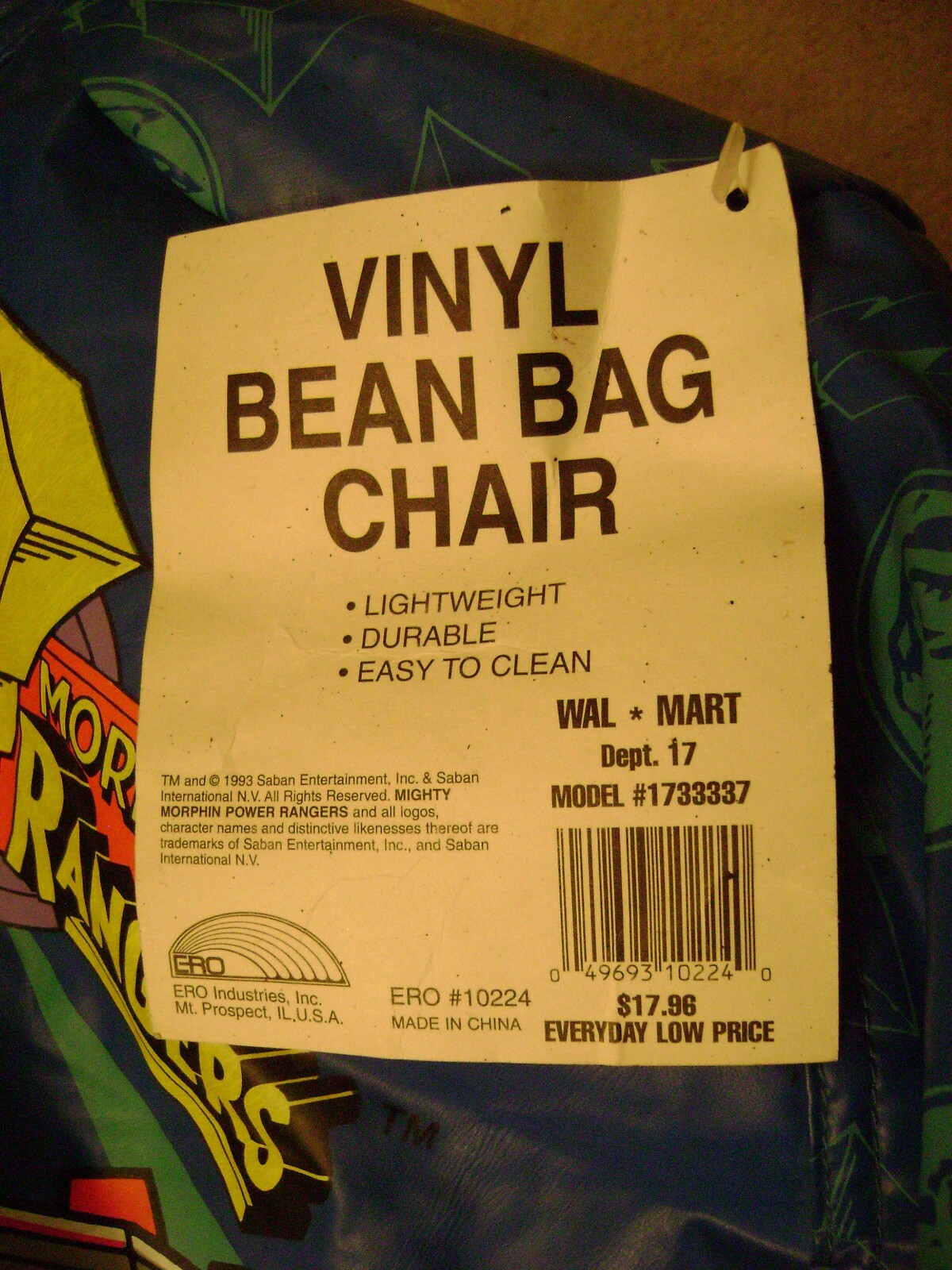 Vintage Mighty Morphin Power Rangers Vinyl Bean Bag 1993 Ero / New Rare!