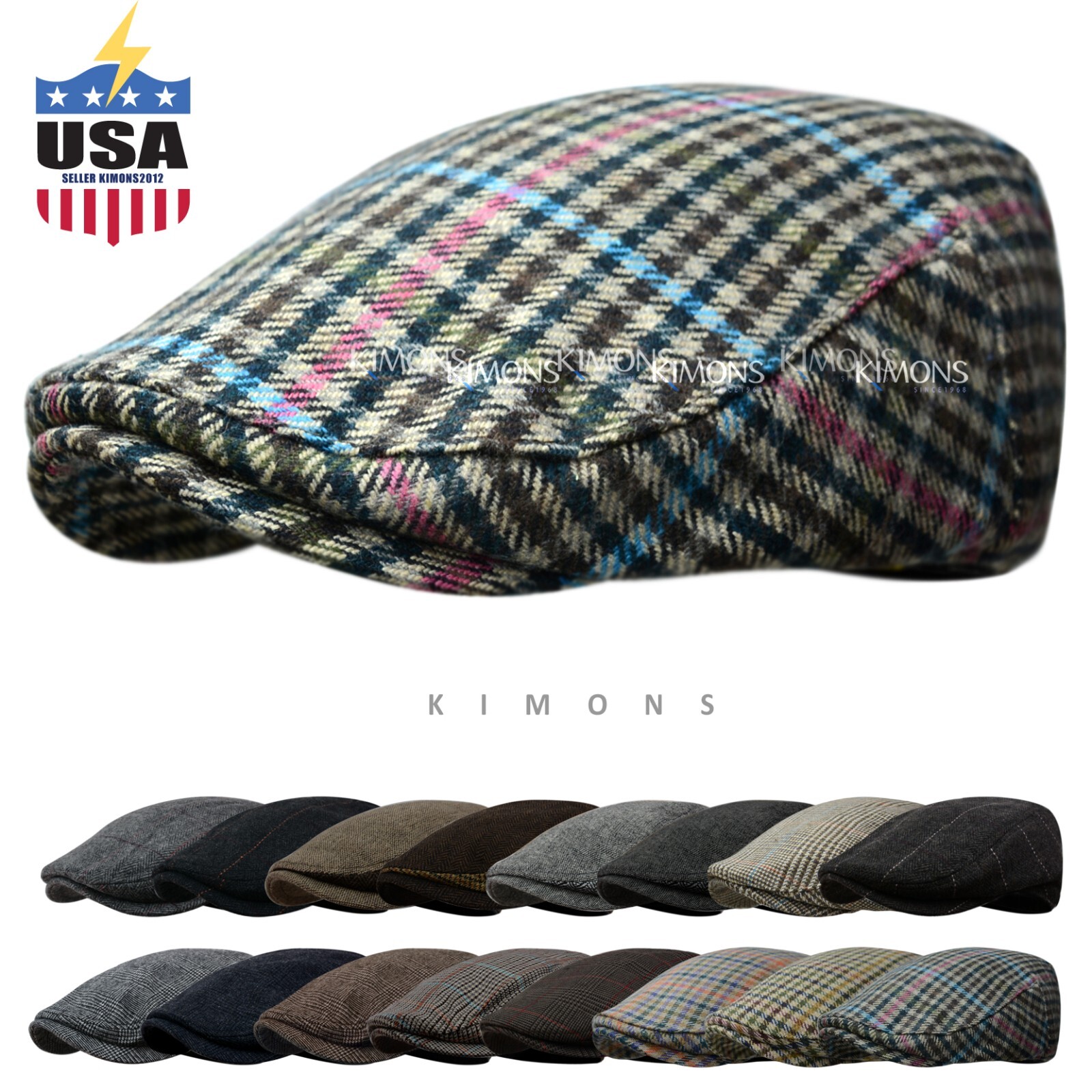 WK Wool Tweed Plaid Ivy Herringbone Winter Cap Hat Golf Flat Cabbie Newsboy