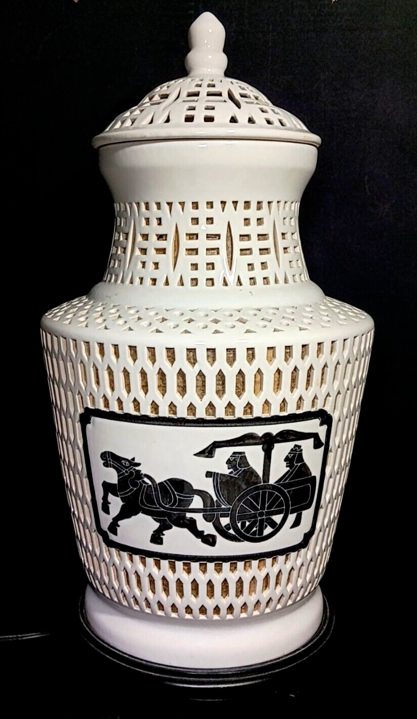 Vintage Blanc de Chine Pierced Reticulated Lamp Chariot Motif