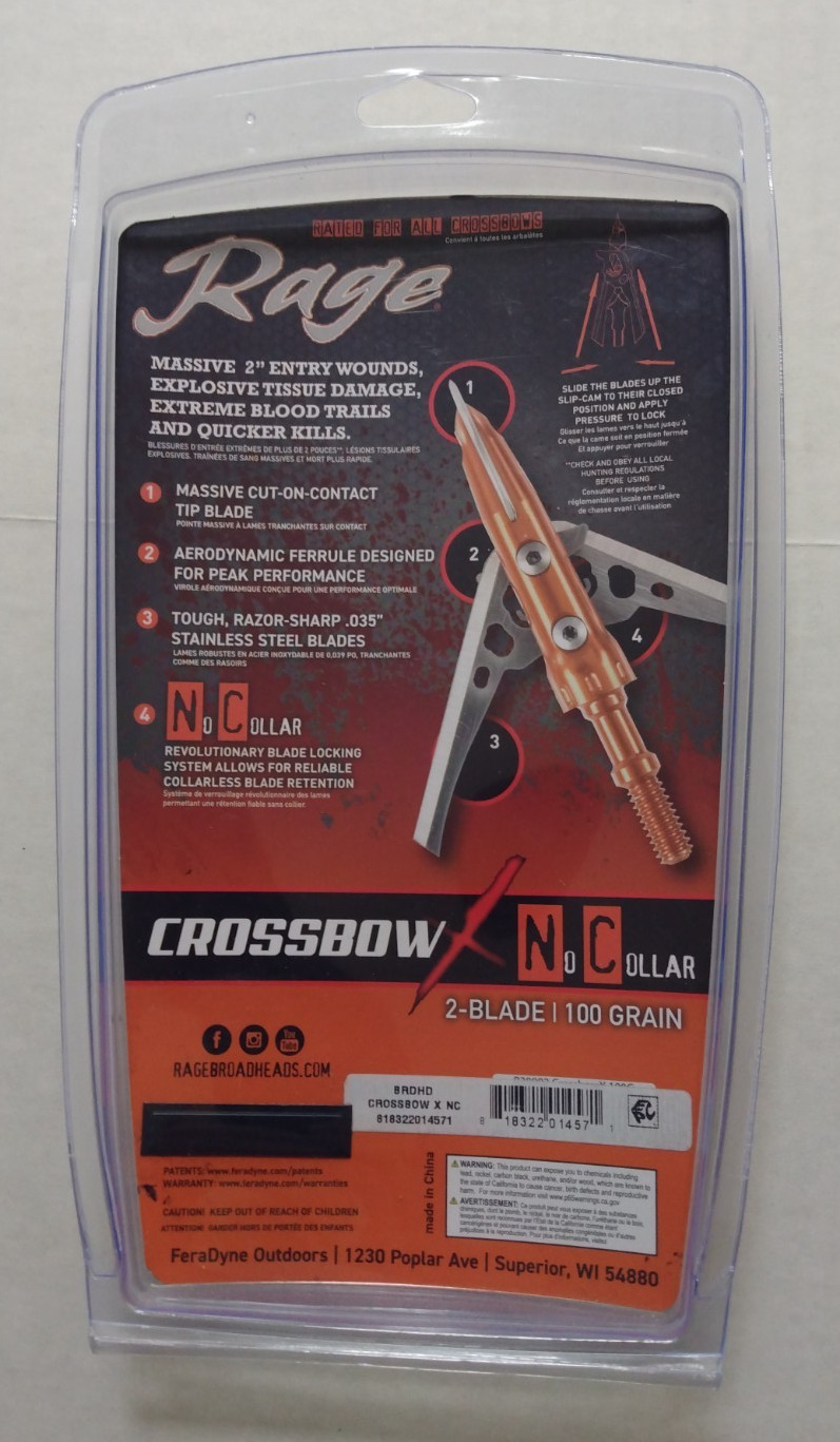 Archery Crossbow Expandable 2 Blade Broadheads RAGE N/C 100Gr 2-inch cut 3 Pack