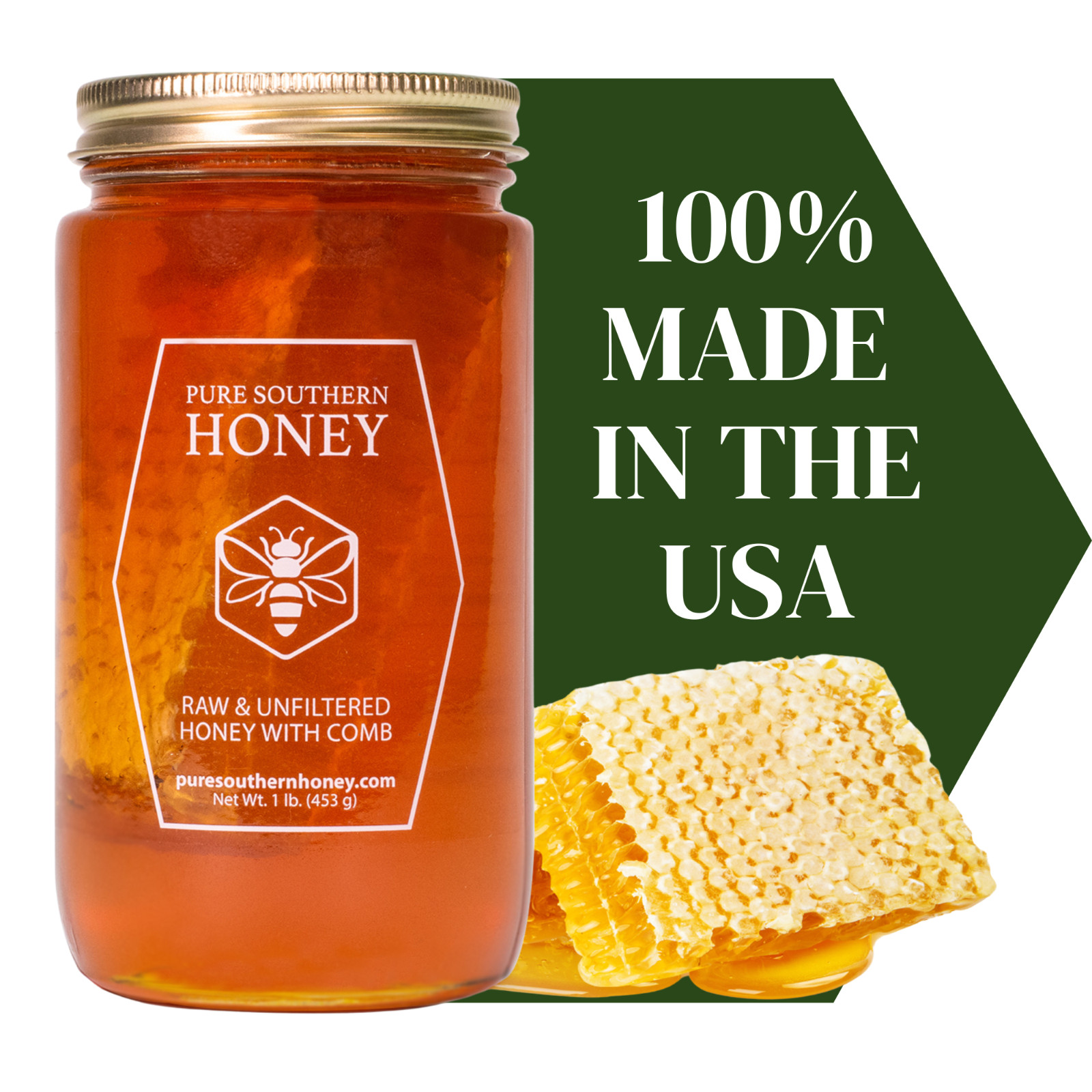 Raw & Unfiltered Honey with Comb 1lb. by Pure Southern Honey, New 2025 Crop