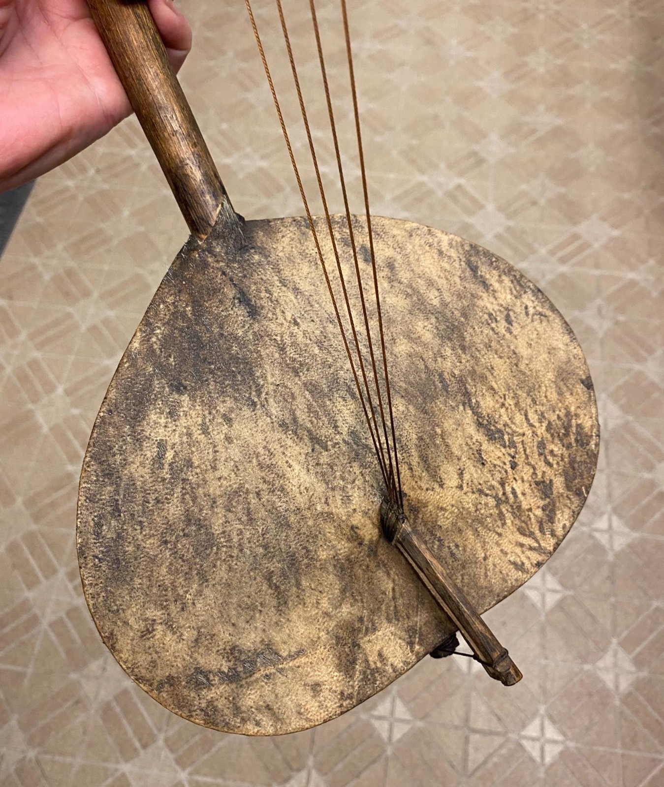 Antique African Adungu 4 String Hand Made Gourd Hide Wood Bow Harp Instrument