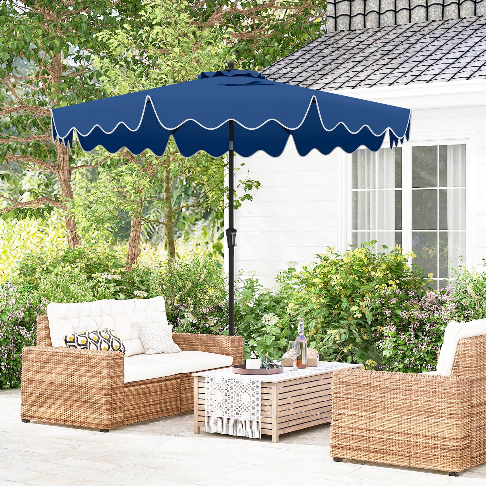 9 FT Patio Umbrella 2-Tier Market Table Umbrella w/ Sun-Protective Canopy