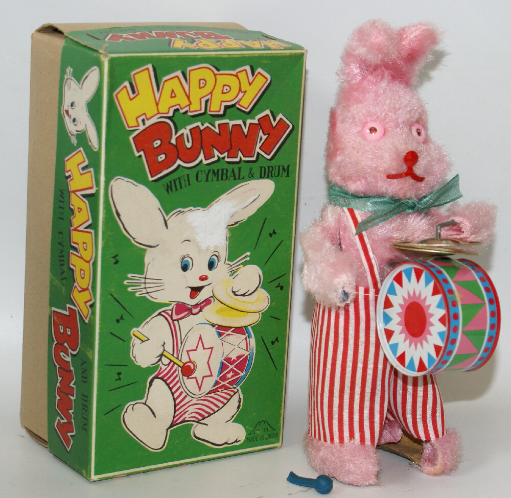 Vintage Wind-up HAPPY BUNNY with Cymbal & Drum, by Fuji Press Kogyo, Japan
