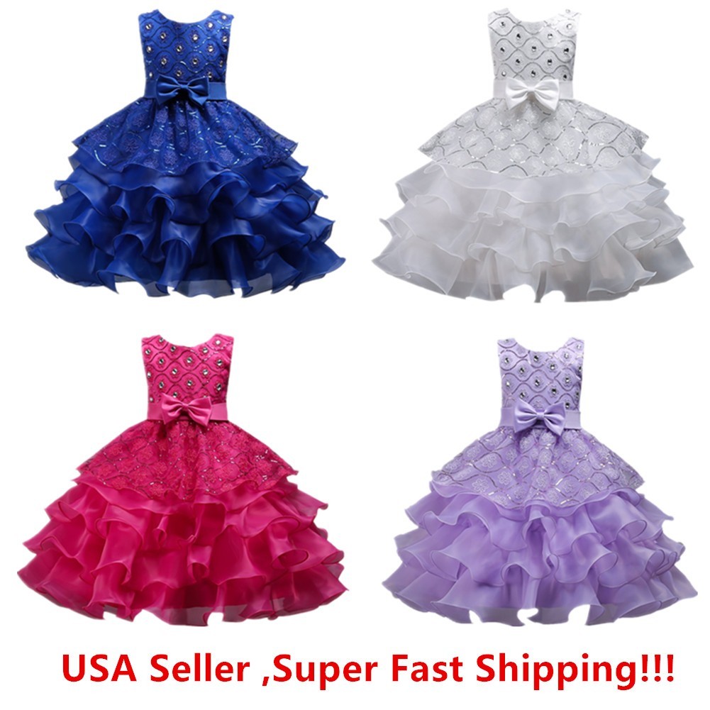 Wedding Flower Girl's Bridesmaid Ruffles Lace Cute Bow Waist Evening Dress