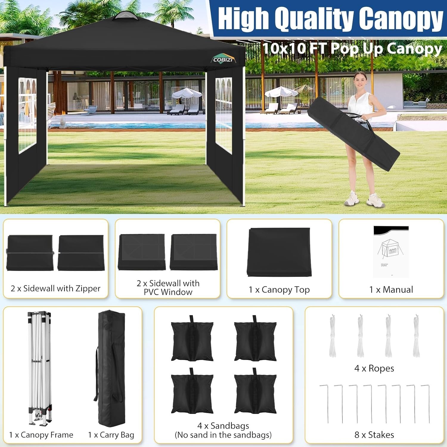 10x10 Pop Up Canopy Tent with 4 Removable Sidewalls，One Push Setup Waterproof#