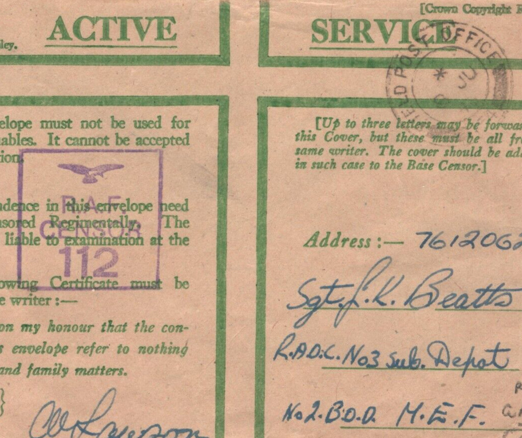 PALESTINE WW2 GB Forces *RAF GAZA* (Reverse) CENSOR 112 Cover 1943 FPO.257 MA10