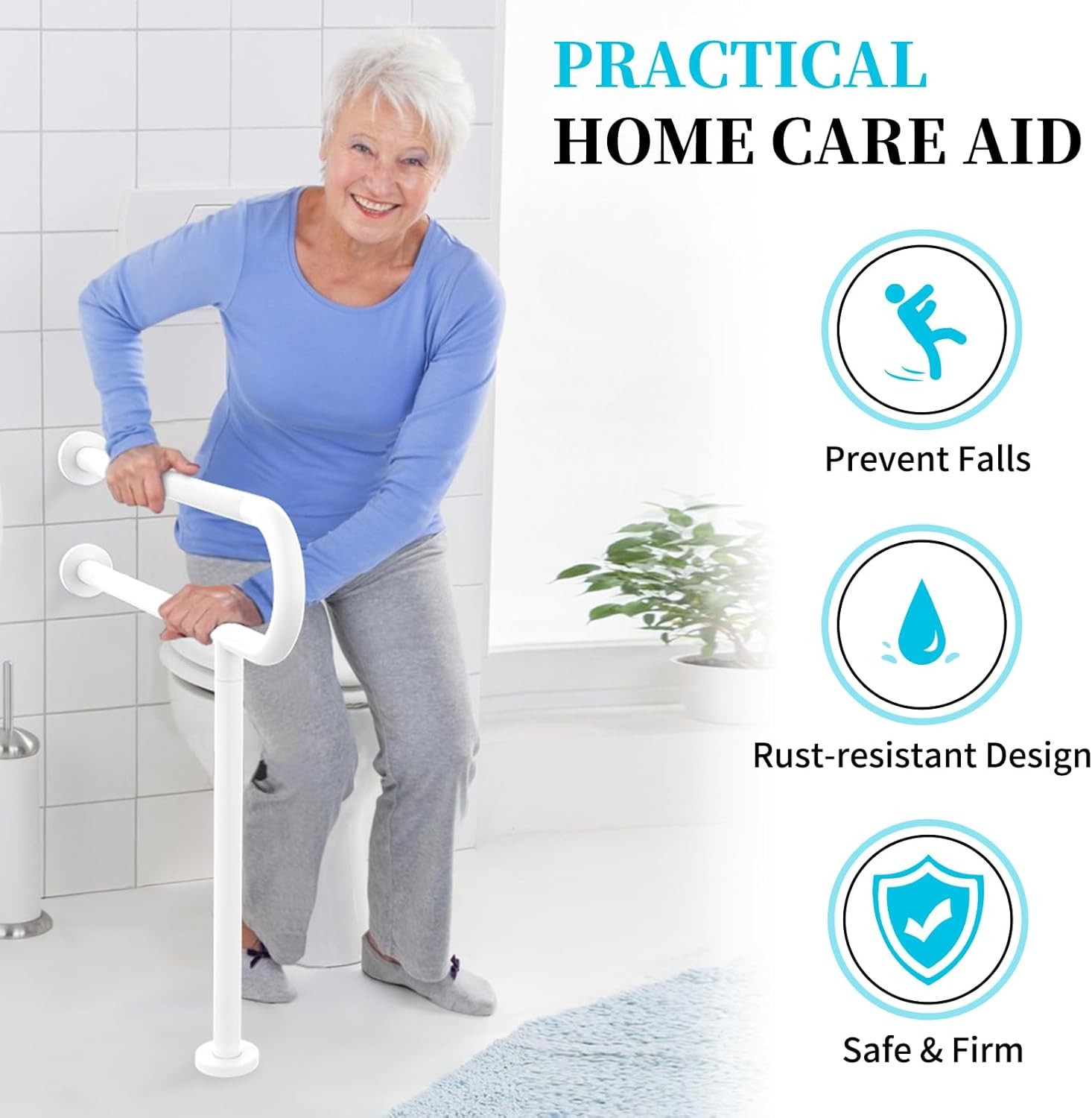 White Toilet Support Rail 31.3X 31.5 Inch, Anti-Slip Floor to Handicap