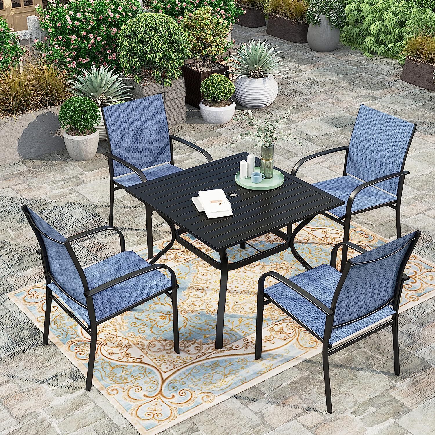 5 Piece Patio Furniture Set Outdoor Rectangle Metal Table Patio Dining Chair Set