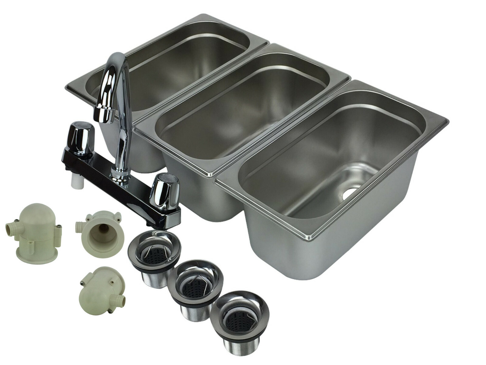 Concession Sink 3 Compartment Portable Food Truck 3 Small w/ Faucet Drain Traps