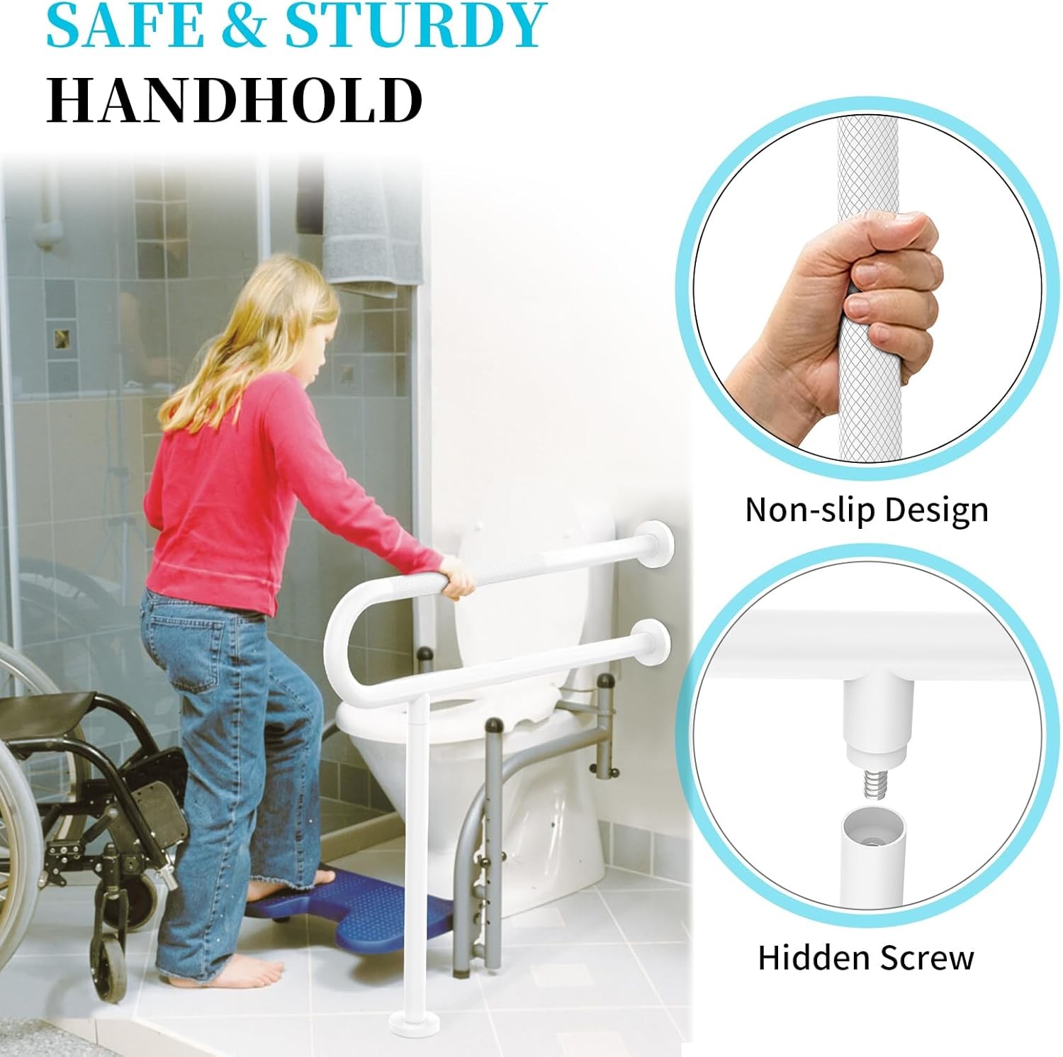 White Toilet Support Rail 31.3X 31.5 Inch, Anti-Slip Floor to Handicap