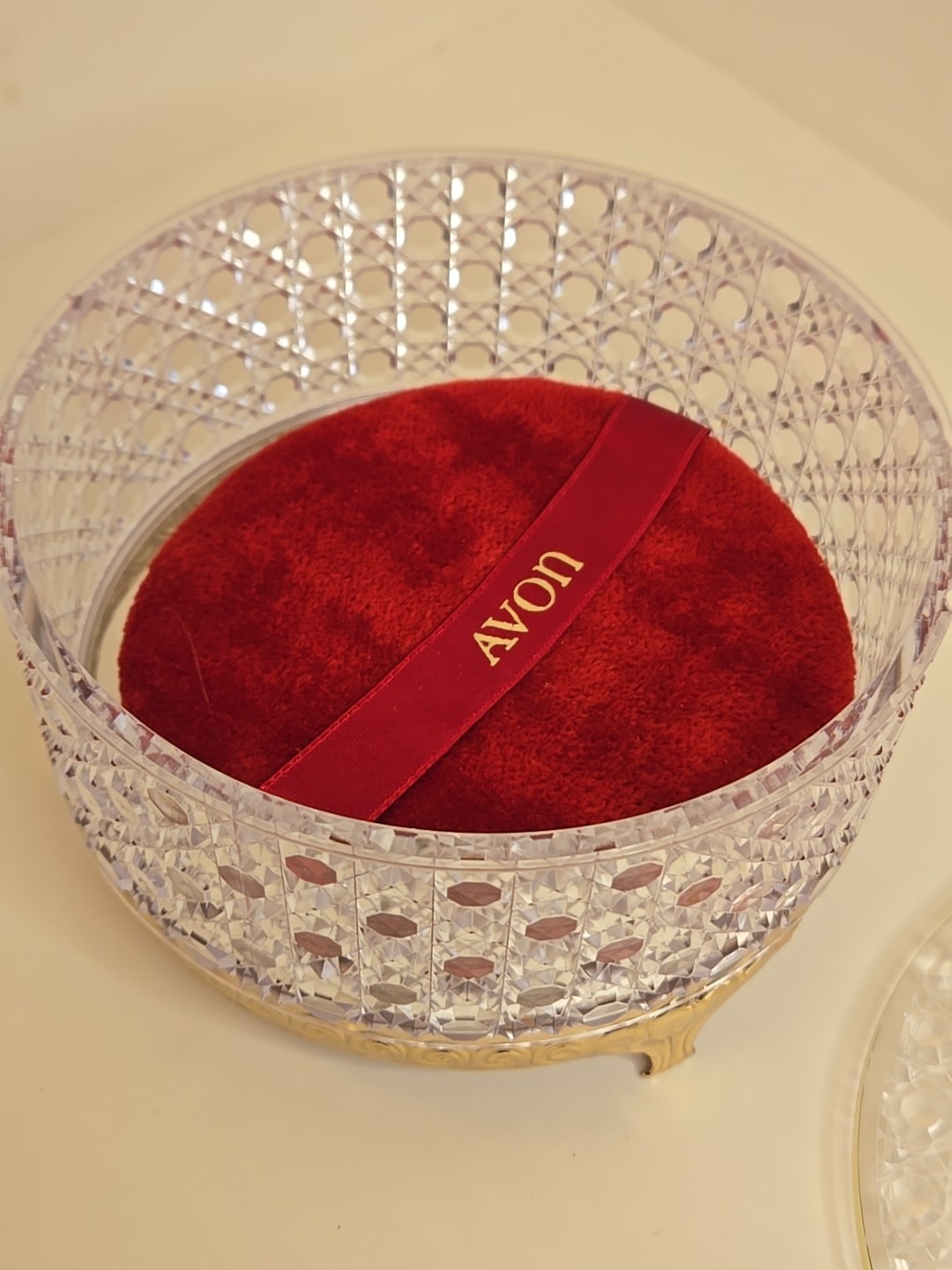 Vintage Avon Powder Box Hollywood Regency Cut Crystal Plastic w Red Puff Vanity