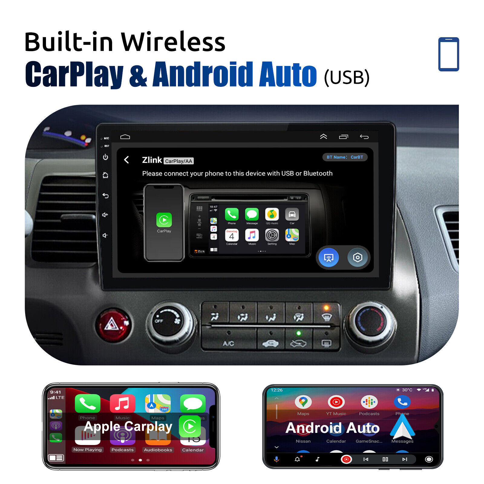 Android 15 Car Stereo Radio For Honda Civic 2006-2011 Apple Carplay WIFI GPS Nav