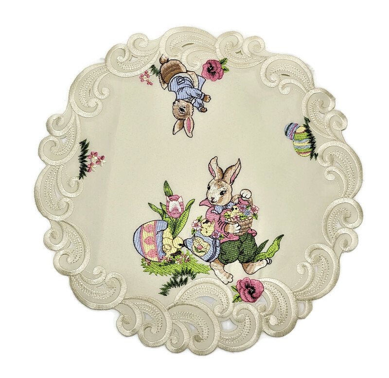 Doily Boutique Table Runner, Doily, Mantel Scarf with Easter Bunny on Ivory