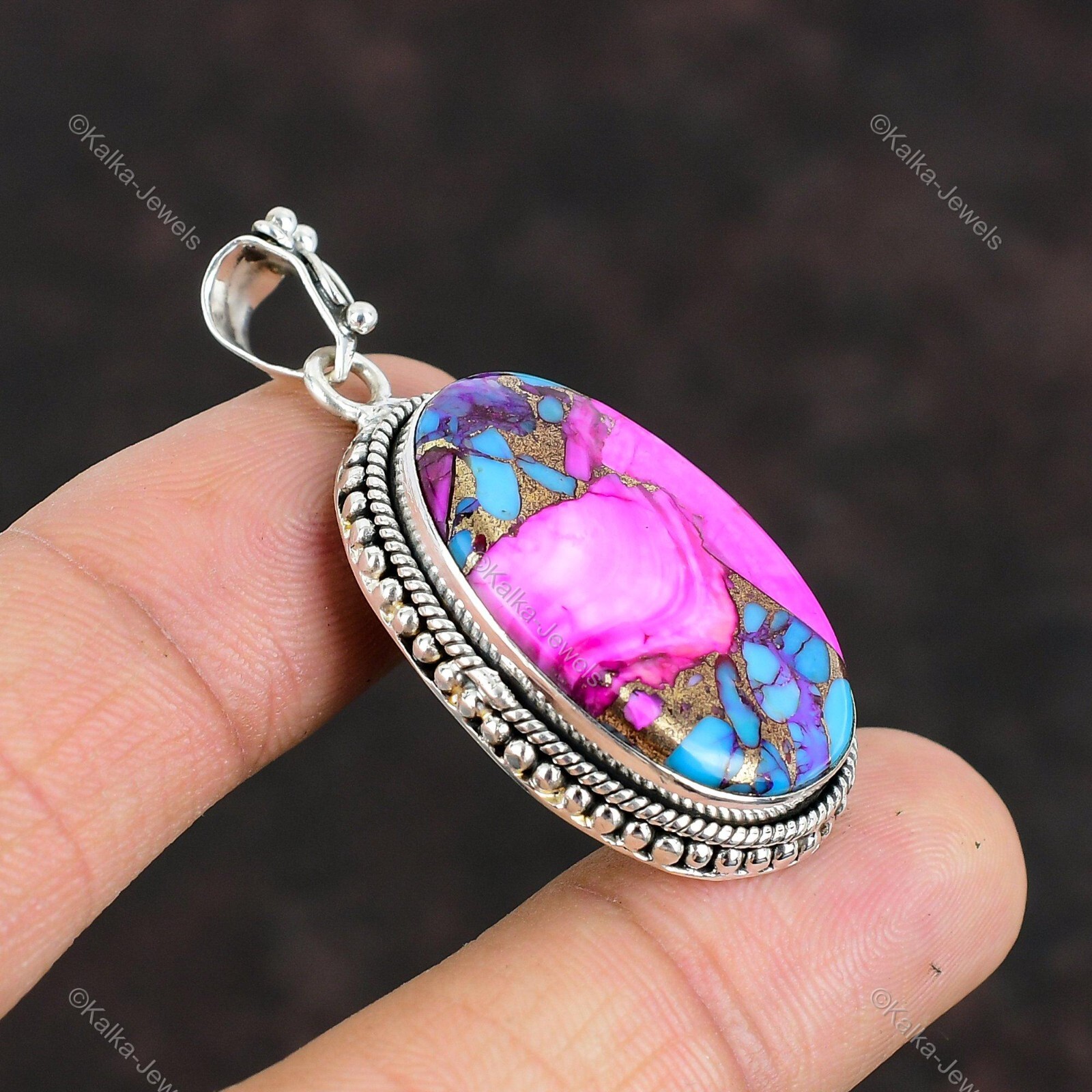 Natural Kingman Dahlia Turquoise Gemstone Pendant Pink 925 Sterling Silver