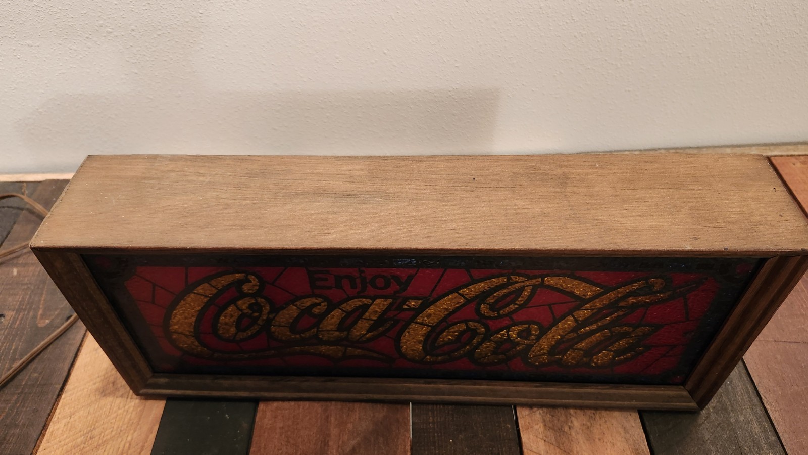 Coca Cola Stained Glass Light Box Sign, Wood Frame, Works. Lighted Sign