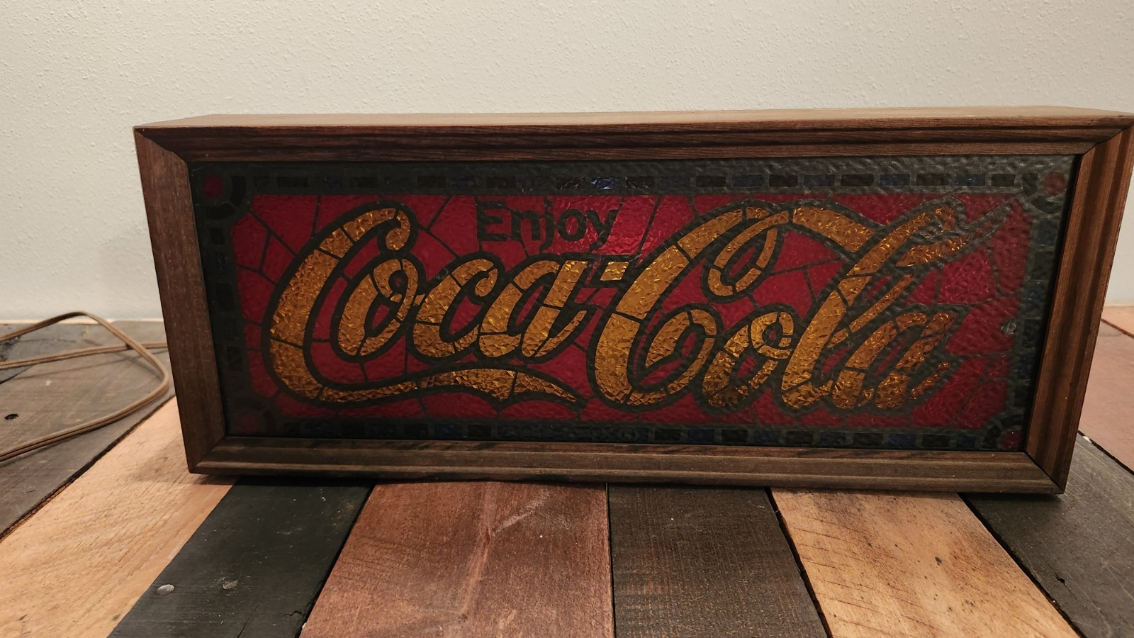 Coca Cola Stained Glass Light Box Sign, Wood Frame, Works. Lighted Sign