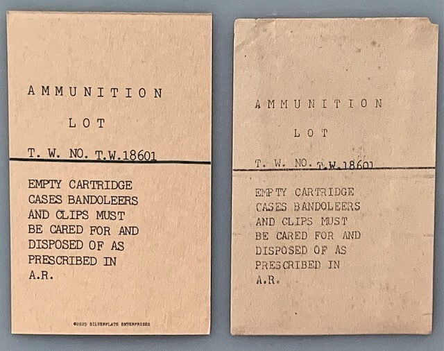 EARLY WORLD WAR II NEW REPLICA BANDOLEER LOT CARDS FOR CAL.30 M2 BALL AND A.P.