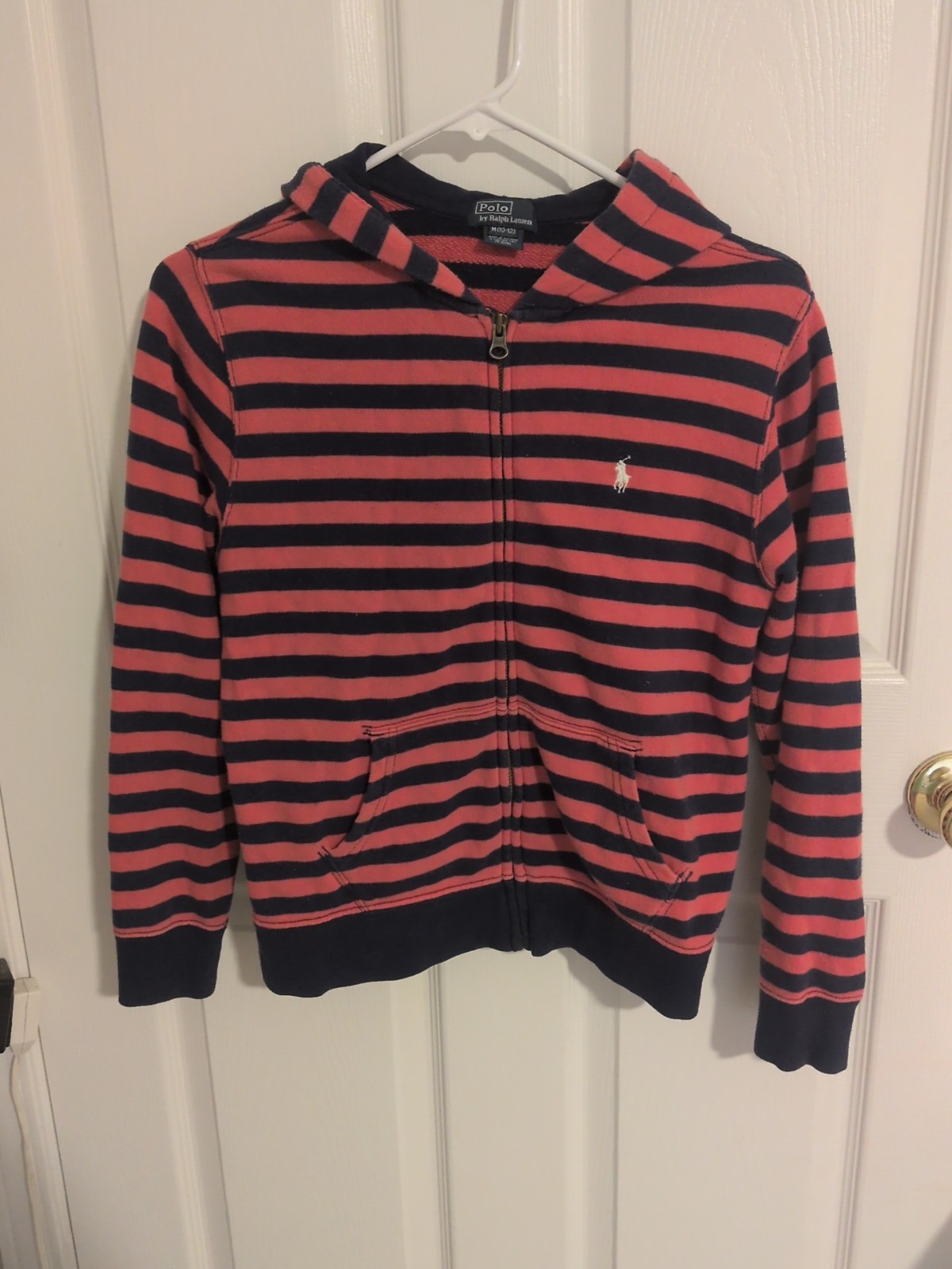 Polo Ralph Lauren Boys Hoodie Size M 10-12 Red Navy Striped Full Zip Pony Logo