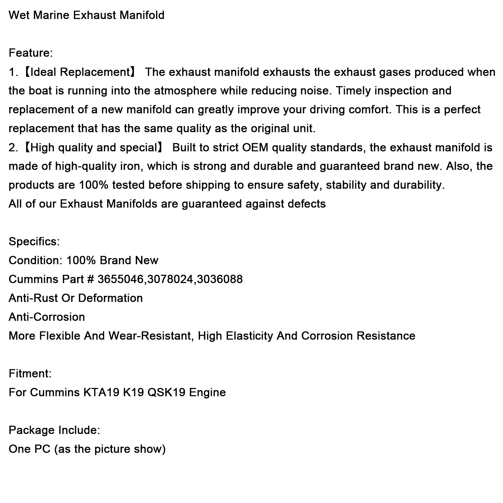 Wet Marine Exhaust Manifold 3655046 3078024 3036088 For Cummins K19 KTA19 U5