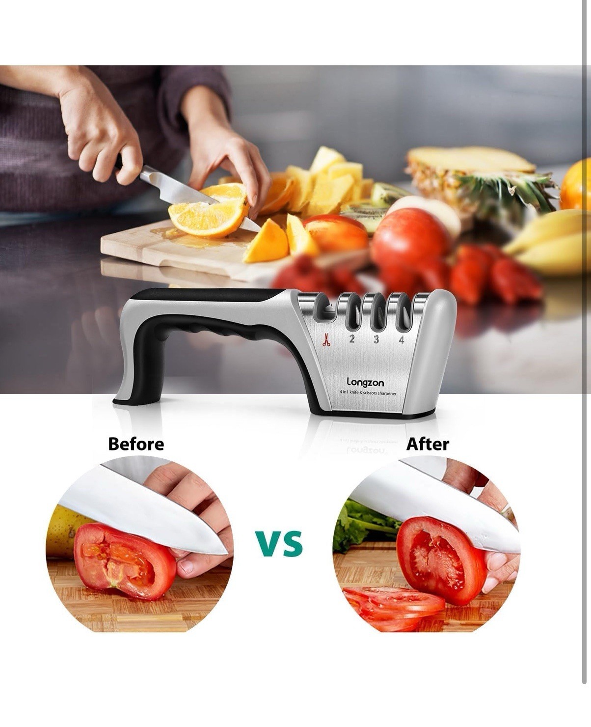 Longzon 4-in-1 Knife Sharpener [4 Stage] with a Pair of Cut-