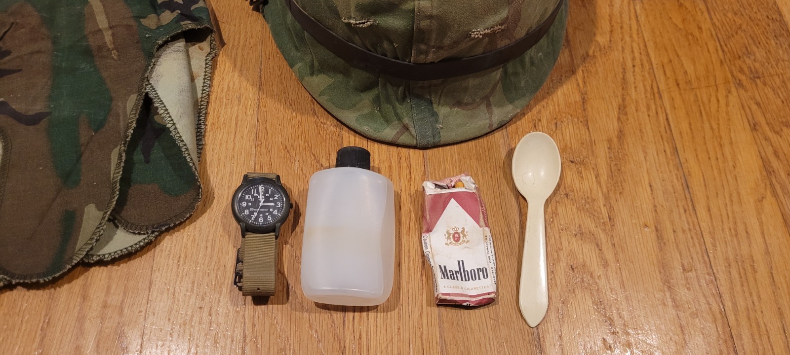 Vietnam M1 Steel Pot Helmet w/ Liner Mitchell Covers ERDL ARVN band watch spoon