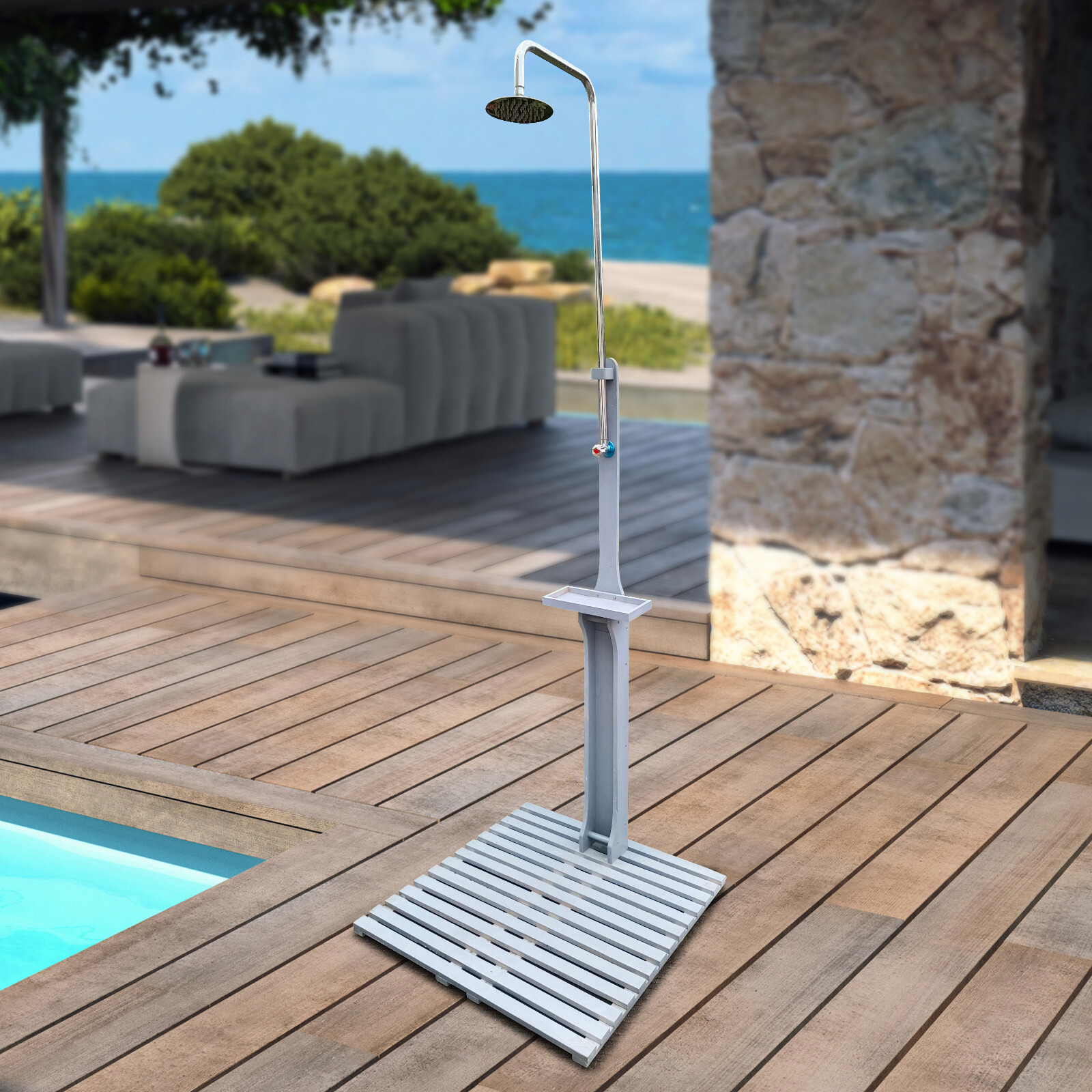 Outdoor Shower Garden Shower W/ Chassis Board Swimming Pool Shower Wood Portable