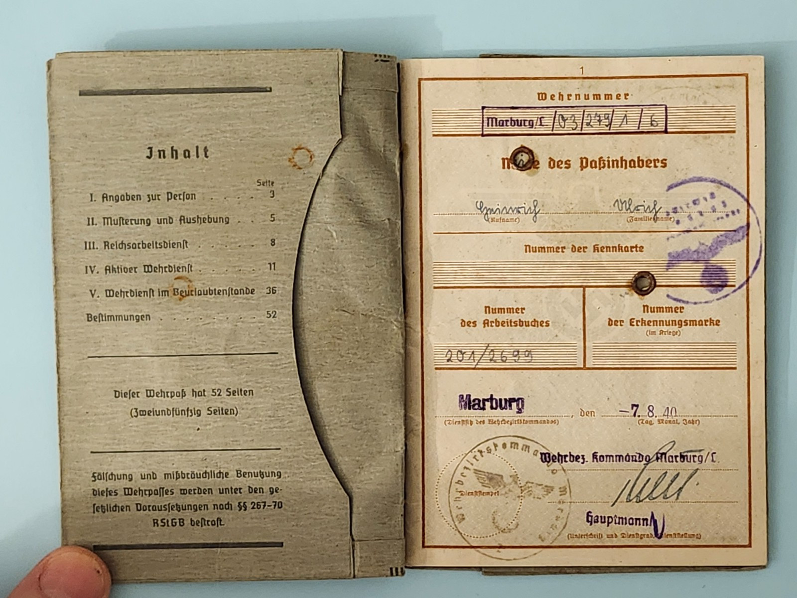 WW2 Germany. Military ID Marburg 1940