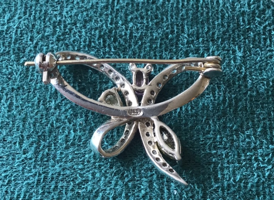 Sterling Silver 3-Gem (Peridot, Pink Tourmaline & Citrine) Butterfly Brooch