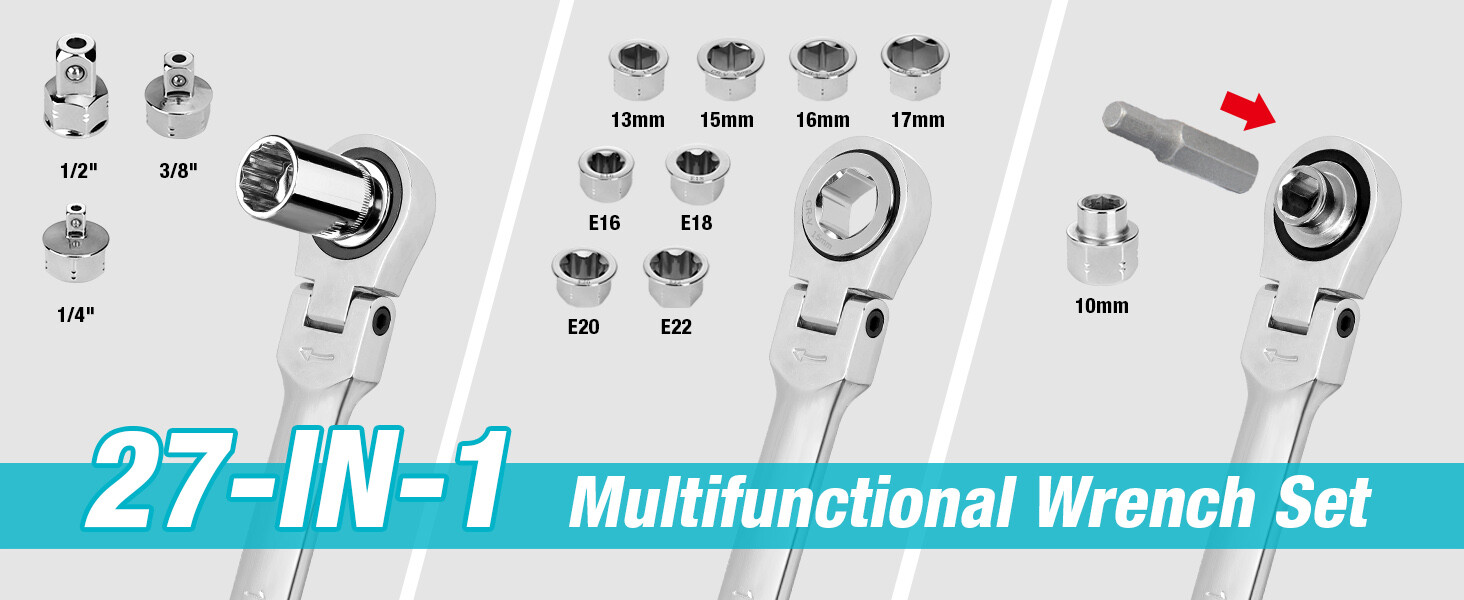 DURATECH 27PCS Extra Long Ratcheting Wrench Set Flex Head 8-22mm Socket Adapters