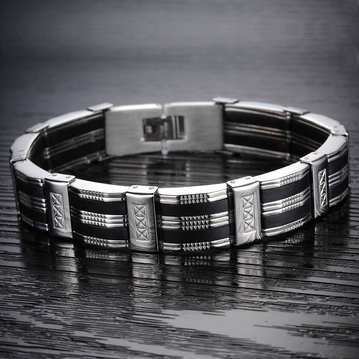 Men's Black Silver Tone Silicone Rubber Stainless Steel Bracelet Chain Wristband