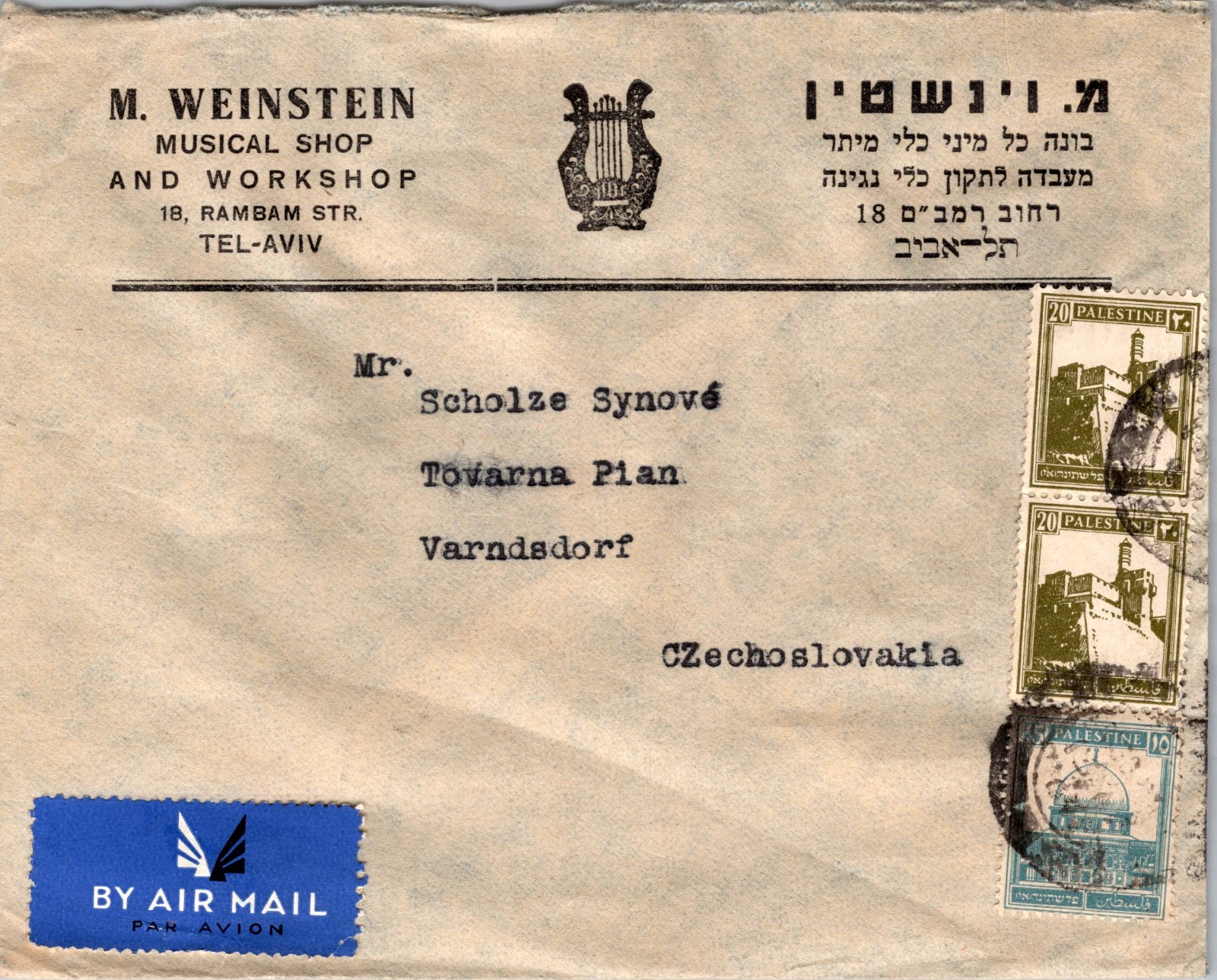 1940s Tel Aviv Palestine Musical Shop Airmail Cover To Varnsdorf Czechoslovakia