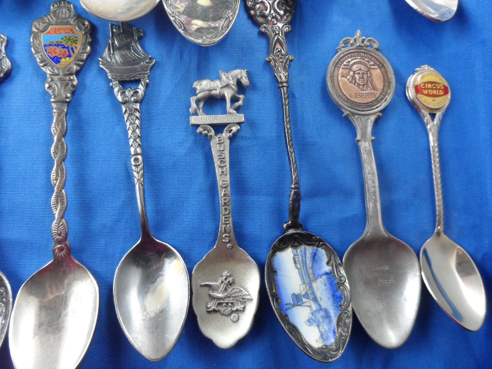 Fresh Souvenir Spoon Lot of 25-Enamel Bowl, Silverplate, Pewter, Brass, Nice