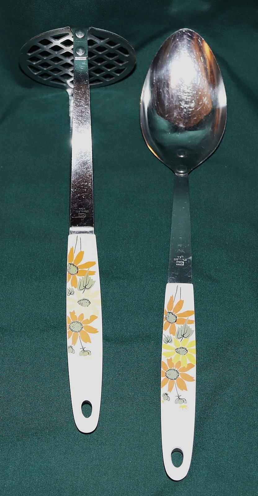 2 Vintage Ekco Country Garden Floral Kitchen Utensils Serving Spoon & Masher