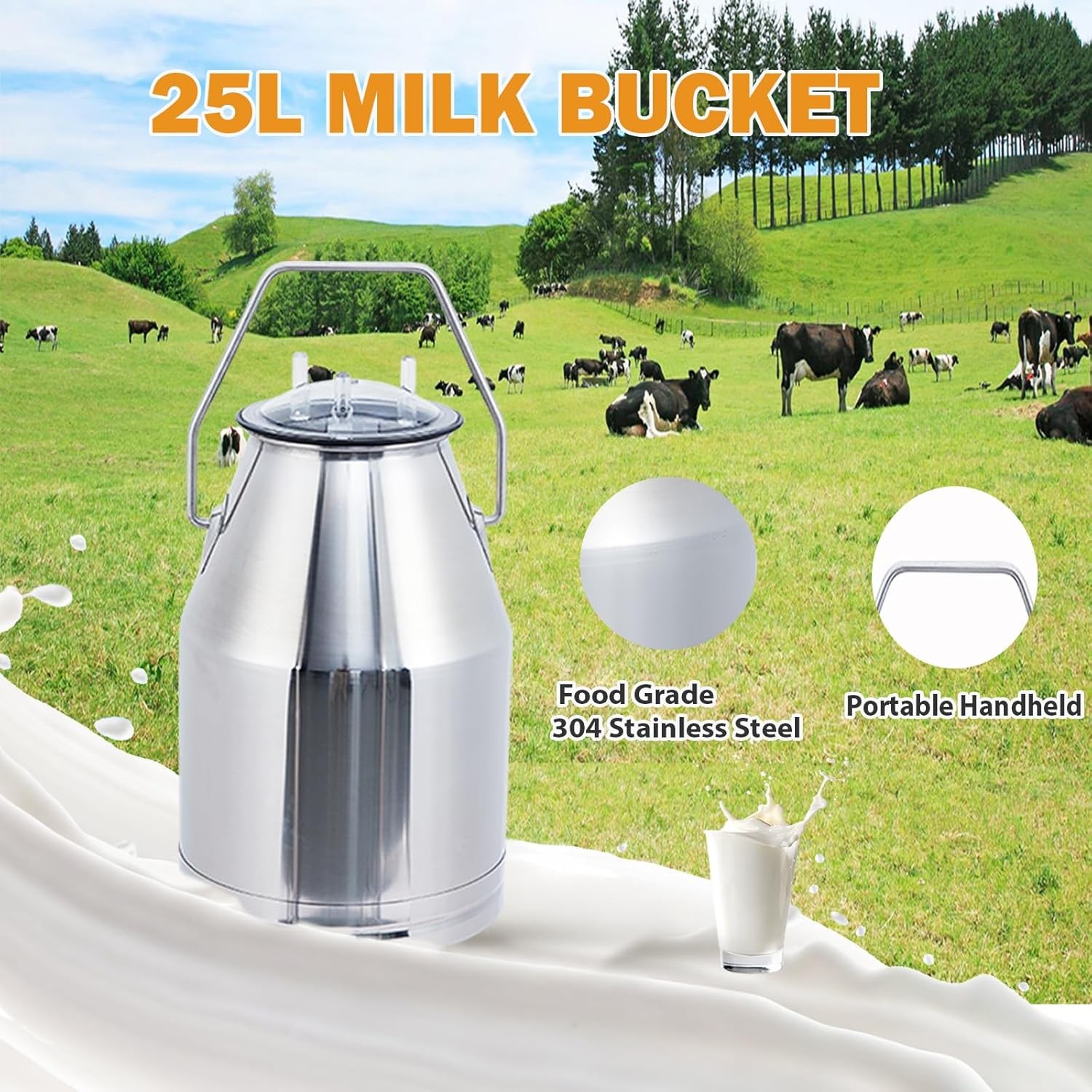 25L Electric Cow Milking Machine Milking Equipment 304 Stainless Steel Bucket US
