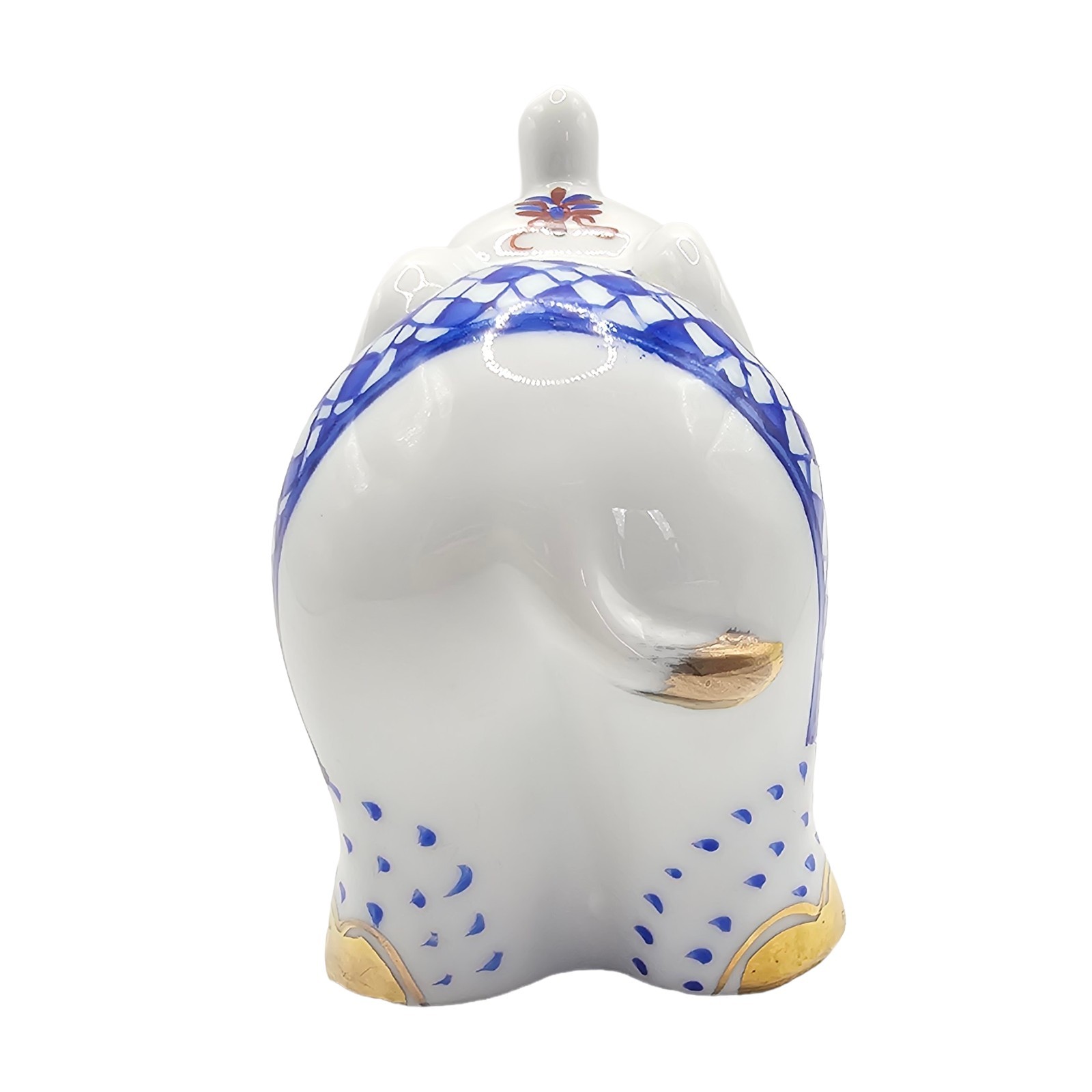 Vintage Blue Fishnet Porcelain Elephant Figurine Gold Accents Trunk Up Lucky 4"