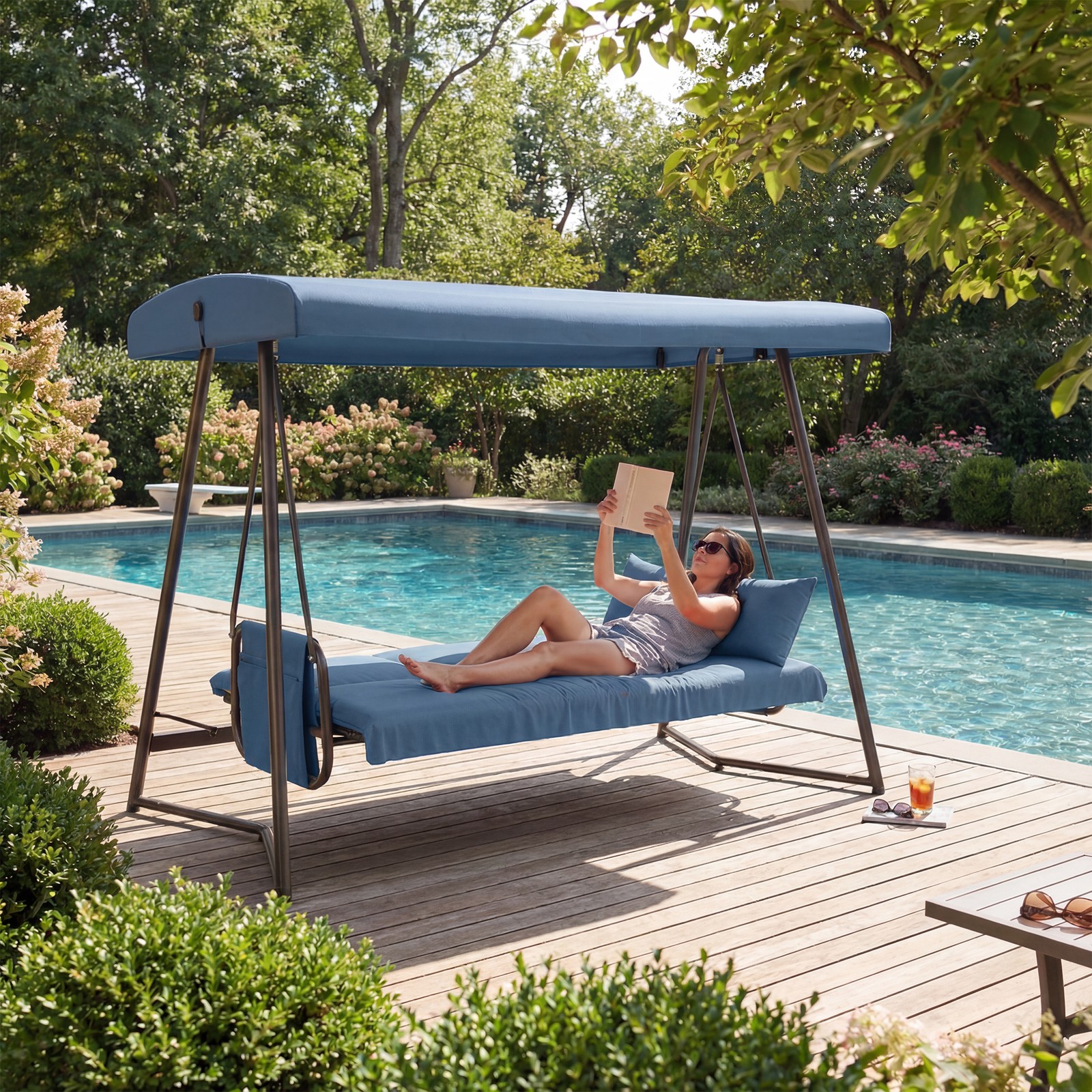 3-Seat Outdoor Patio Swing Bed with Adjustable Canopy Steel Frame Blue