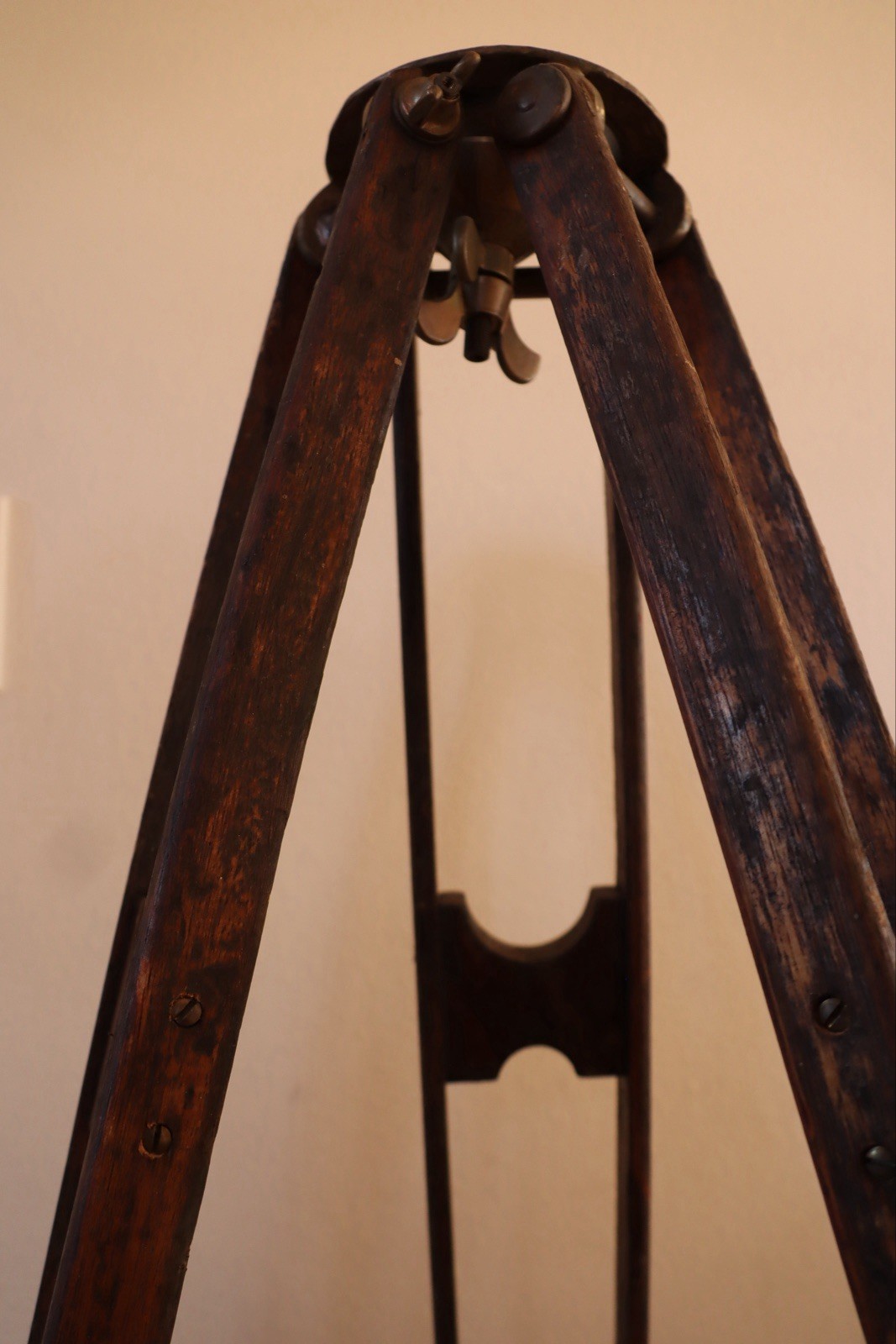 Antique Wood Survey Tripod Oak And Brass