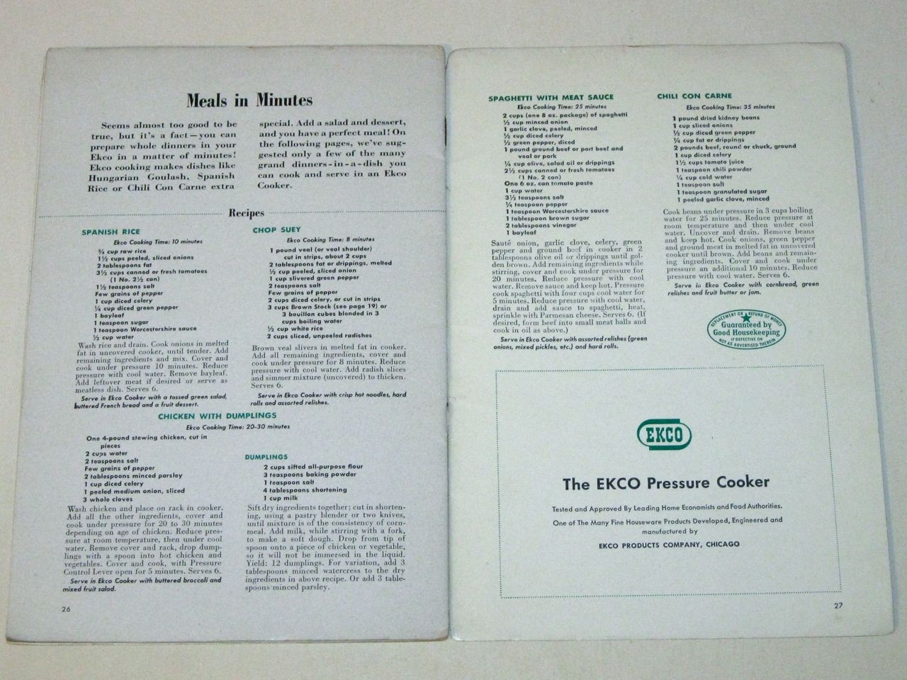 Vintage 1945 MINUTE MAGIC with the EKCO PRESSURE COOKER Recipe Instruction Book!