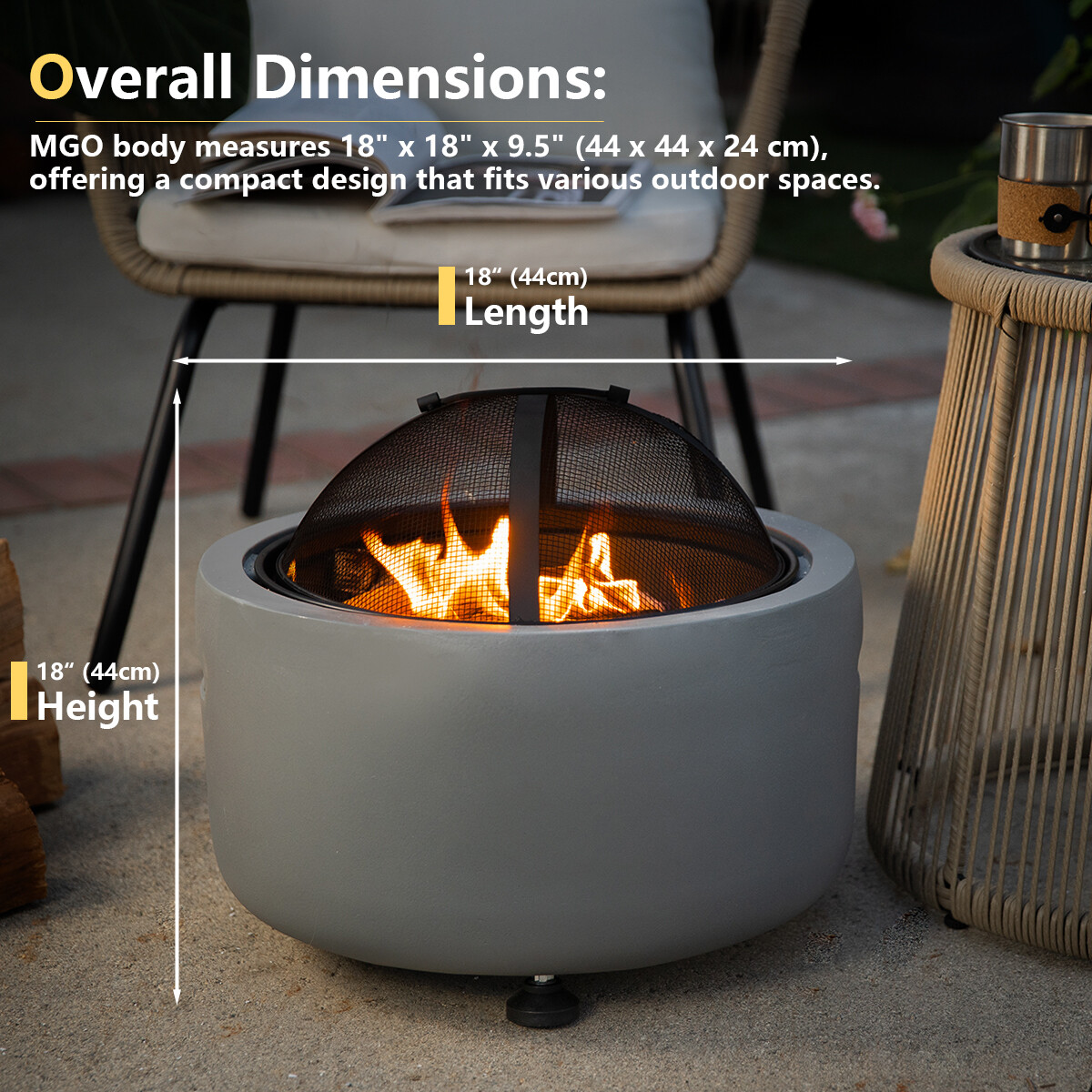 Barton MGO Concrete 18" Round Charcoal Wood Burning Firepit, Grate, BBQ Grill