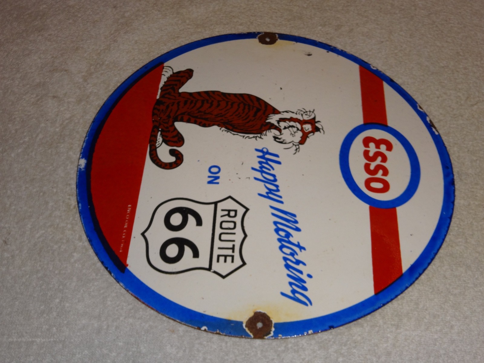 VINTAGE 1964 ESSO PUT A TIGER IN GAS TANK +ROUTE 66 11 3/4" PORCELAIN METAL SIGN